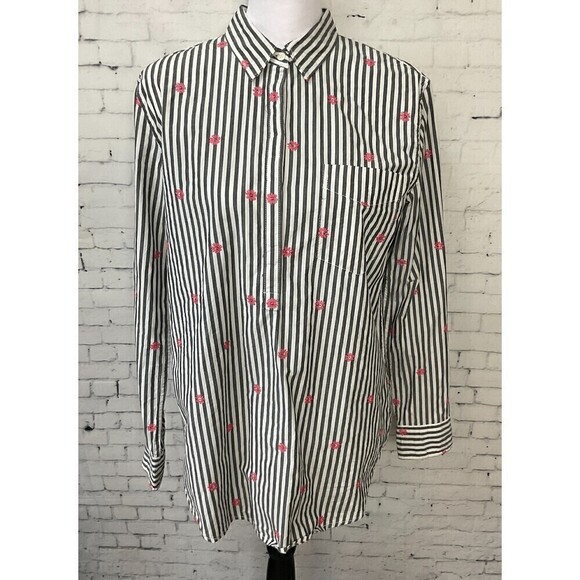 Gap Women Button Up Shirt Gray White Pink Daisy Long Sleeve Classic Fit … - Picture 3 of 12